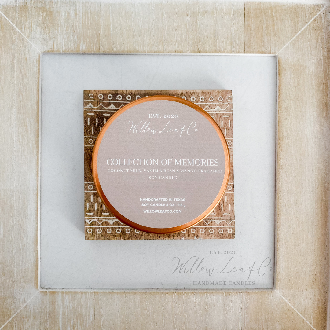 COLLECTION OF MEMORIES SOY CANDLE TRAVEL SIZE ( COCONUT MILK, VANILLA BEAN & MANGO FRAGRANCE)